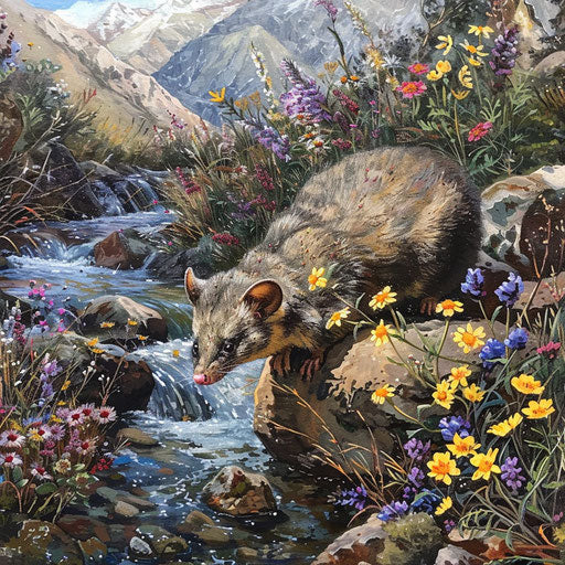 White-tail possum pausing to drink from crystal-clear mountain stream, surrounded by wildflowers