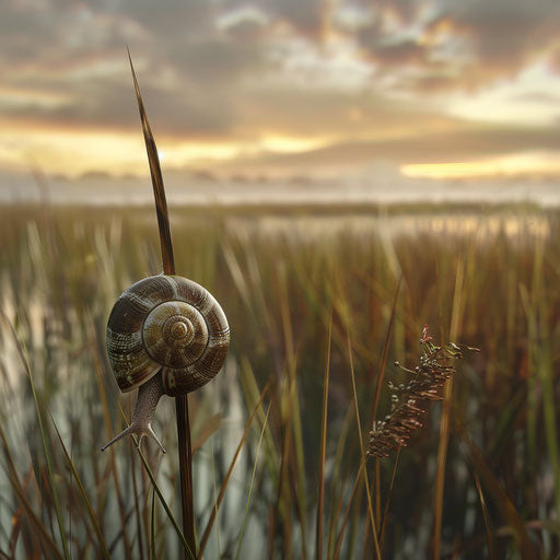 Ascension of the wolf snail in the wetlands at dawn