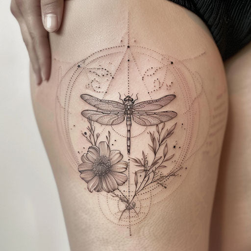 Dragonfly tattoo fine line in the style of Maria Sibylla Merian