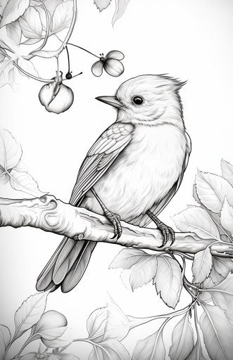 Bird on branch, illustrative pen and ink style
