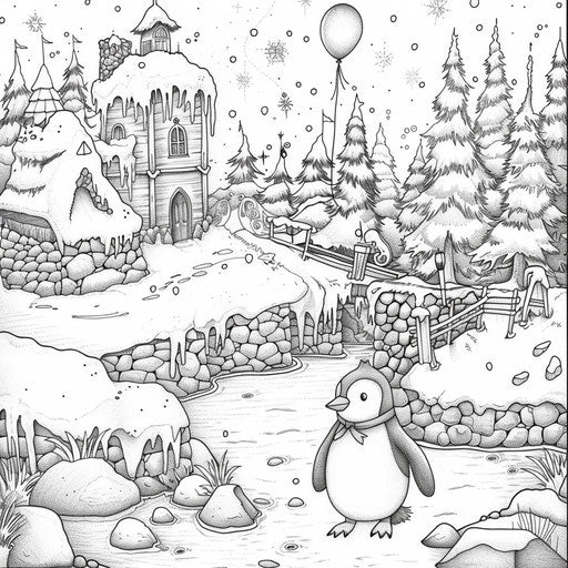 Penguin with balloon sliding on ice