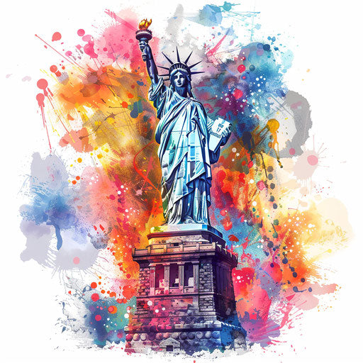 Sketch of the Statue of Liberty with vibrant watercolor splashes