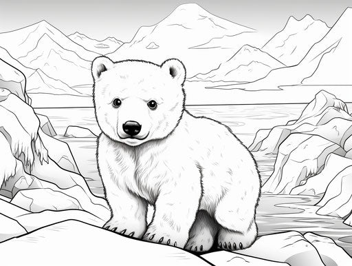 Coloring page of a polar bear cub in comic art style