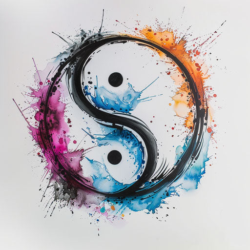Impressionistic yin and yang tattoo design with loose brush strokes in vibrant colors