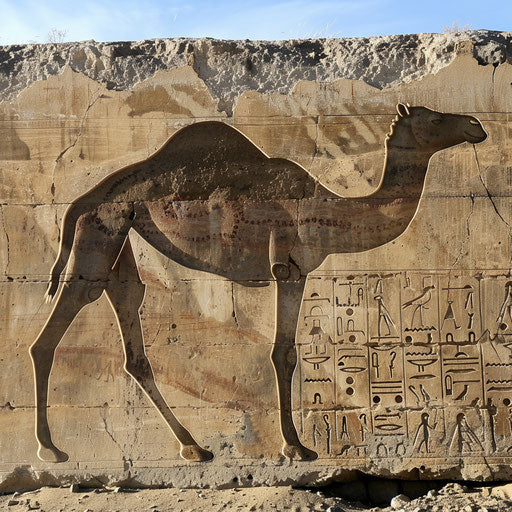 Camel shadow on ancient desert hieroglyphs