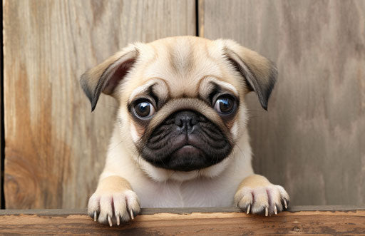Cheerful portrait of a pug in front of a door