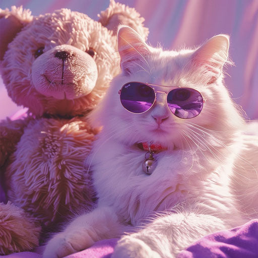 White cat with sunglasses behind a teddy bear
