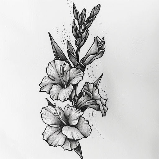 Gladiolus tattoo design with hand-poked style and subtle dot work on pure white paper background