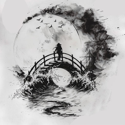 Vintage flat tattoo sketch of a soul crossing an old-style bridge over misty waters