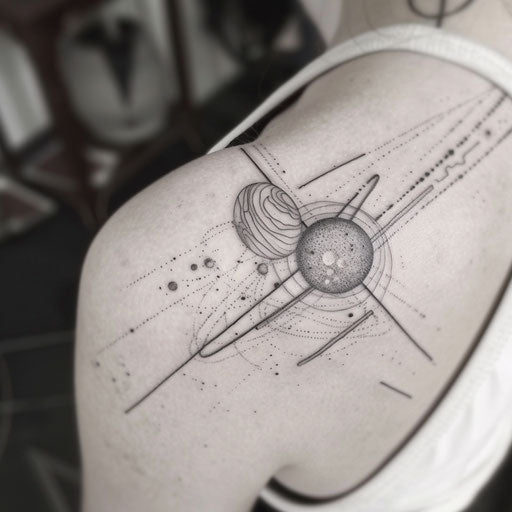 Art deco style galaxy tattoo, bold lines, symmetrical patterns