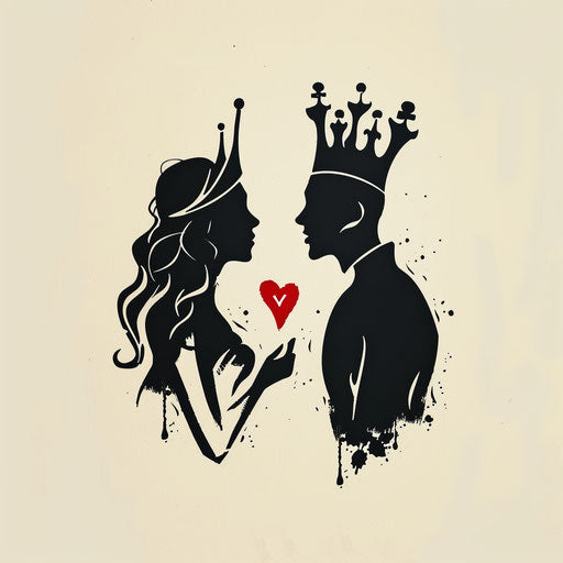 Minimalist king and queen with red heart tattoo sketch