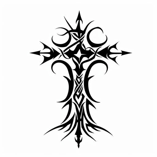 Strength cross tattoo in tribal pattern with sharp edges