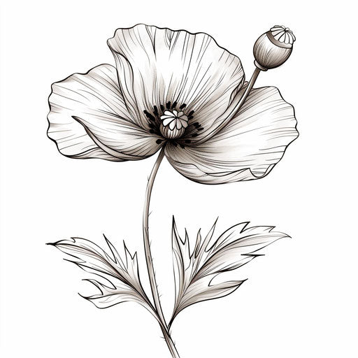 Elegant poppy in tattoo style sketch on white background