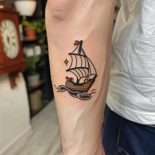 Small tattoo with a ship and anchor, Sailor Jerry style