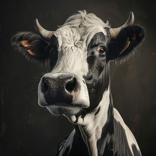 Realistic cow cartoon on dark charcoal background