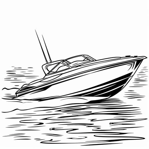 Motorboat on water, bold outline. Coloring book page