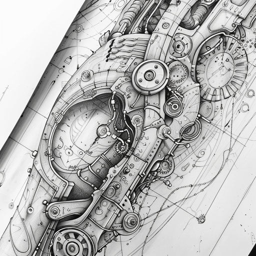 Sketch of biomechanical gears and circuits tattoo
