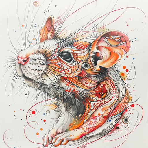 Elaborate tattoo design of a rat with abstract pattern, in bright reds and oranges