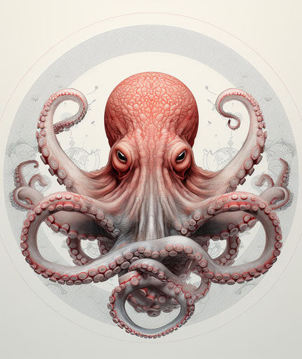 Octopus on circular Japanese-style background, red/light grey