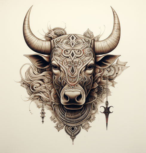 Horned bull with pigeon in front, Maori art style, mechanical designs