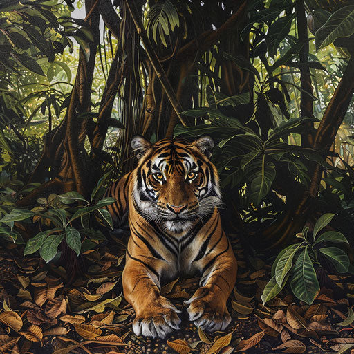 Sumatran tiger under giant fig tree in the jungle