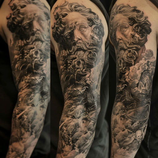 Mythological gods sleeve tattoo, J.P. Targete style