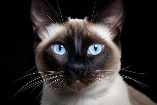 Siamese cat portrait with blue eyes, dark brown and light blue style, opacity and translucency, dark indigo and dark beige