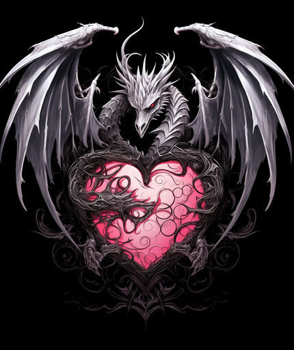 Pink heart and wings with a dragon, deathcore romantic style