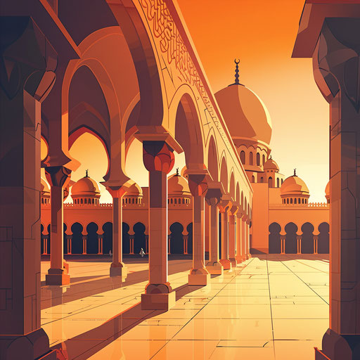 Realistic Islamic clipart on a flat, sunset orange background