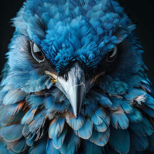 Expressive close-up portrait of a blue bird with detailed feathers