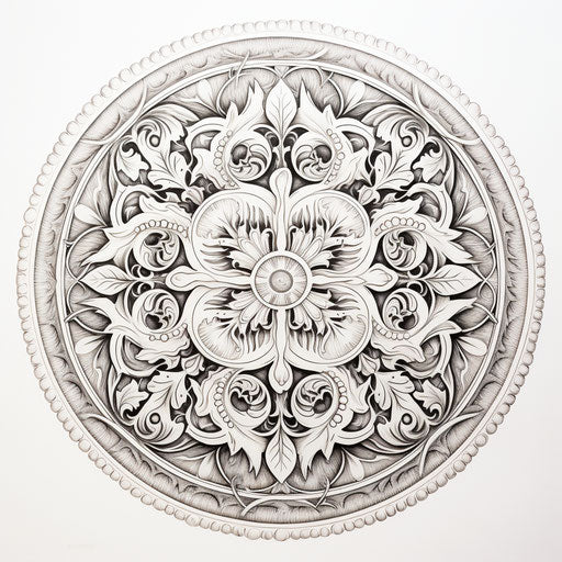 Mandala and acorn coloring page, intricate foliage style, varied texture, elaborate ceiling designs
