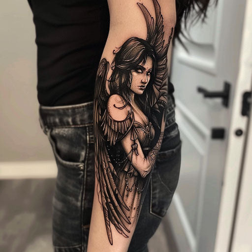 Forearm tattoo of a dark angel, in the style of Gerald Brom