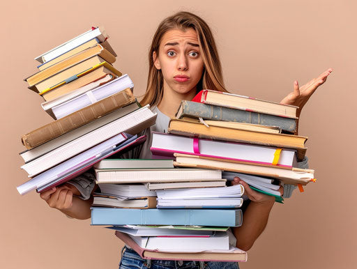 Young woman overwhelmed by stack of books, determined