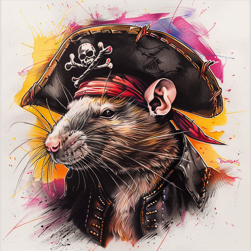 Bold tattoo sketch of a pirate rat with a tiny hat and eye patch
