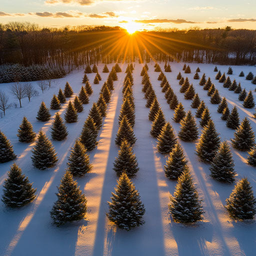Magical Christmas tree farm at sunset