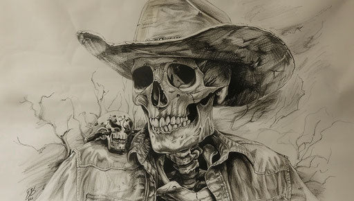 Drawing of a skull in cowboy shirt and hat, Hinchel 37:21