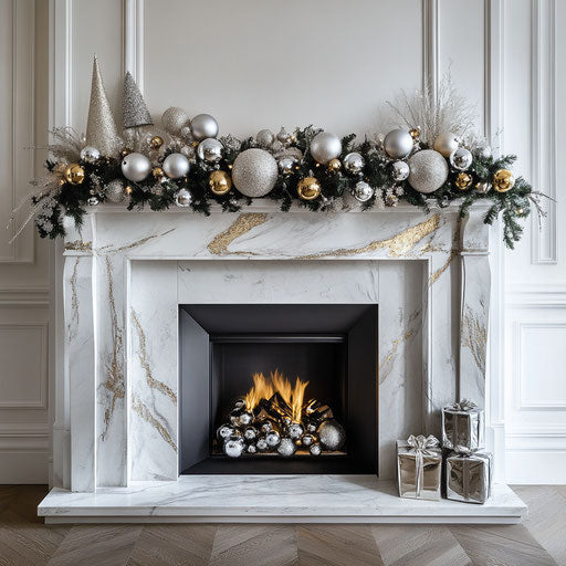 White marble fireplace adorned with silver and gold Christmas decor