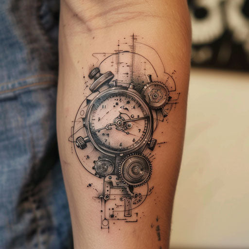 Adrian Smith style cute small tattoos with steampunk elements