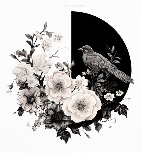 Black sketch style yin yang symbol with flowers on white background