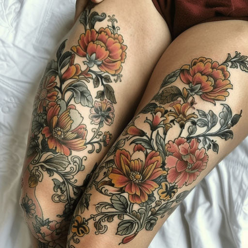 Leg tattoos for women in the style of Maria Sibylla Merian with floral designs