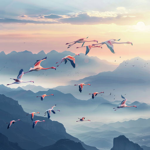 Flamingos flying over mountains at dawn