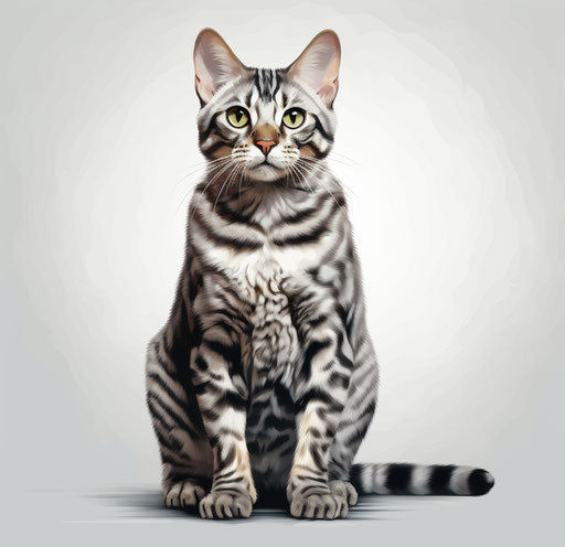 Bengal cat in front of white background, dark silver and light maroon style