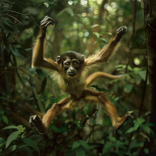Playful antics of a spider monkey against a forest backdrop