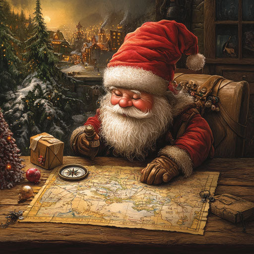 A gnome explorer mapping the North Pole, his compass pointing to Santa's workshop