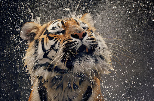 Tiger shaking water off, National Geographic style, y2k aesthetic