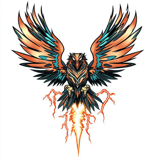 Flat tattoo sketch on thigh with tribal eagle and lightning bolts