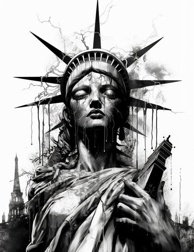 Grotesque caricatures of the statue of liberty and US flag