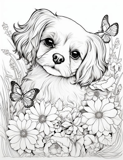 Coloring pages of flowers and butterflies with a cute puppy
