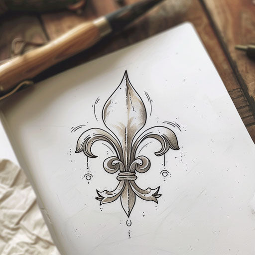 Minimalist tattoo sketch of a fleur de lis in a single line art style with no fill
