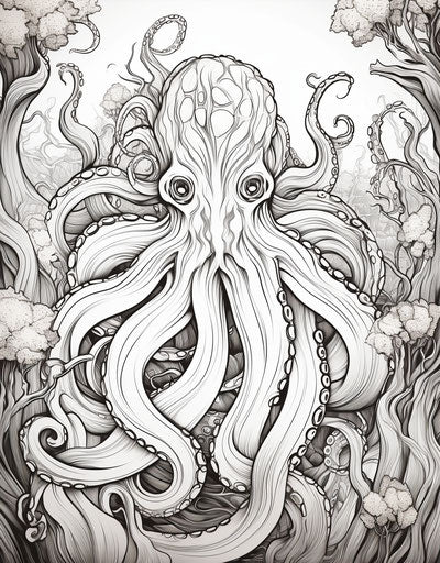 Adult coloring page with octopus in the background